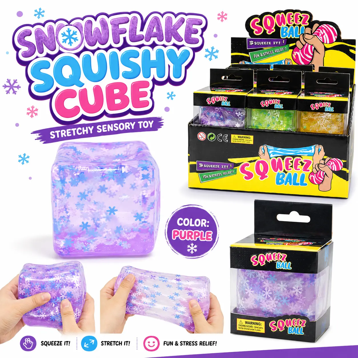 Snowflake cube squishy in retail-ready packaging